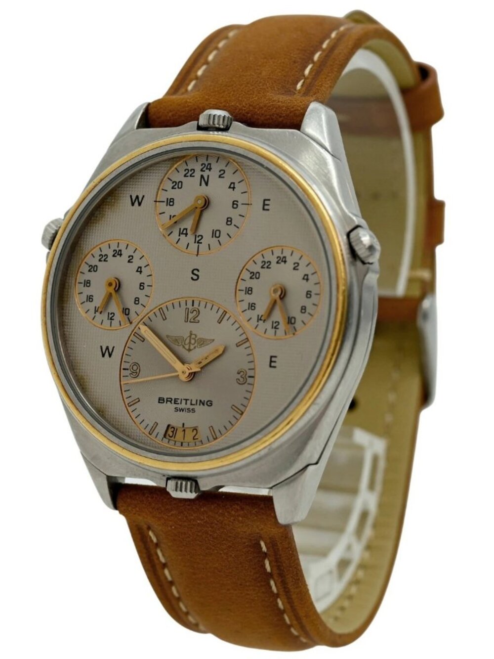 Breitling 39mm Men's World Time Multi-Time Zones Silver Dial Watch! Ref: 80840!
